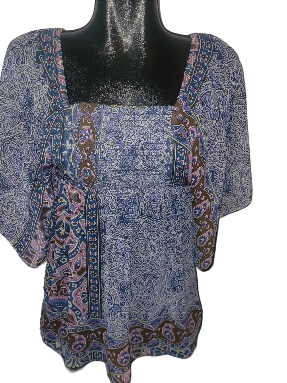 Bohemian Square-Neck Mixed Print Women’s Top In Blue And Purple Size S